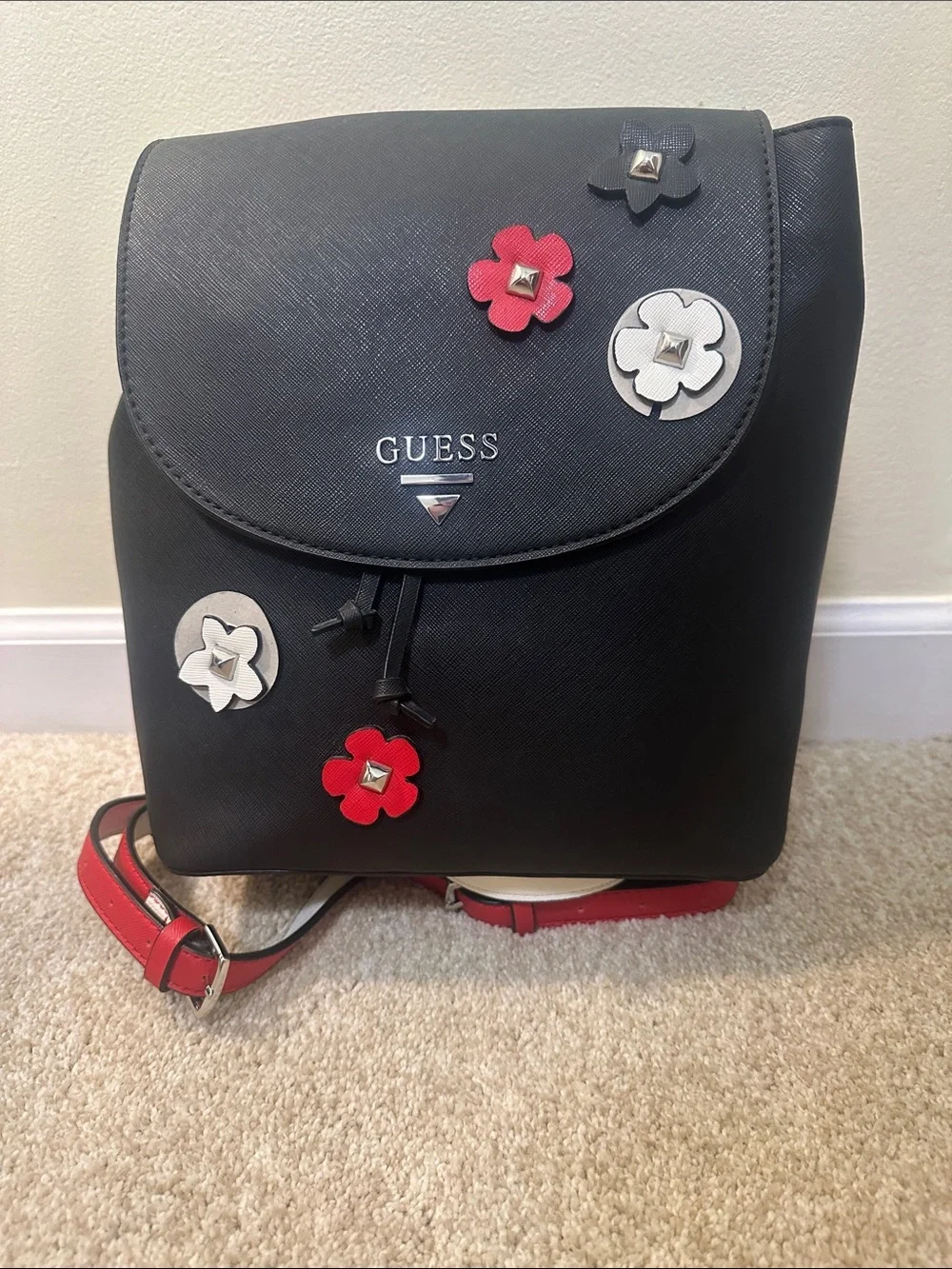GUESS Black Backpack with Red and White Floral Accents
